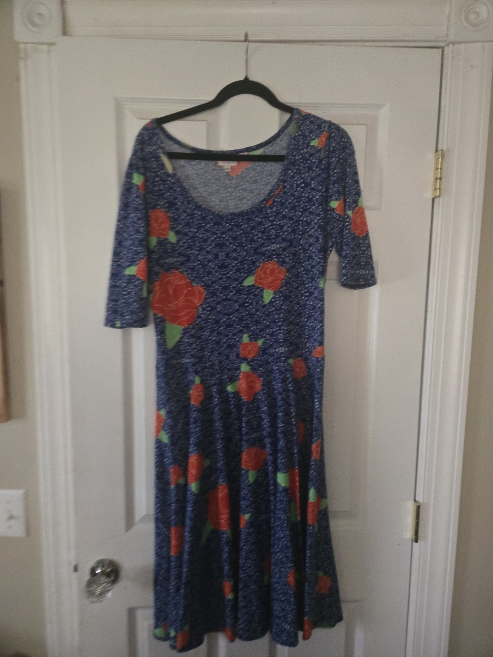 LuLaRoe Blue Midi Dress with Red Rose Print